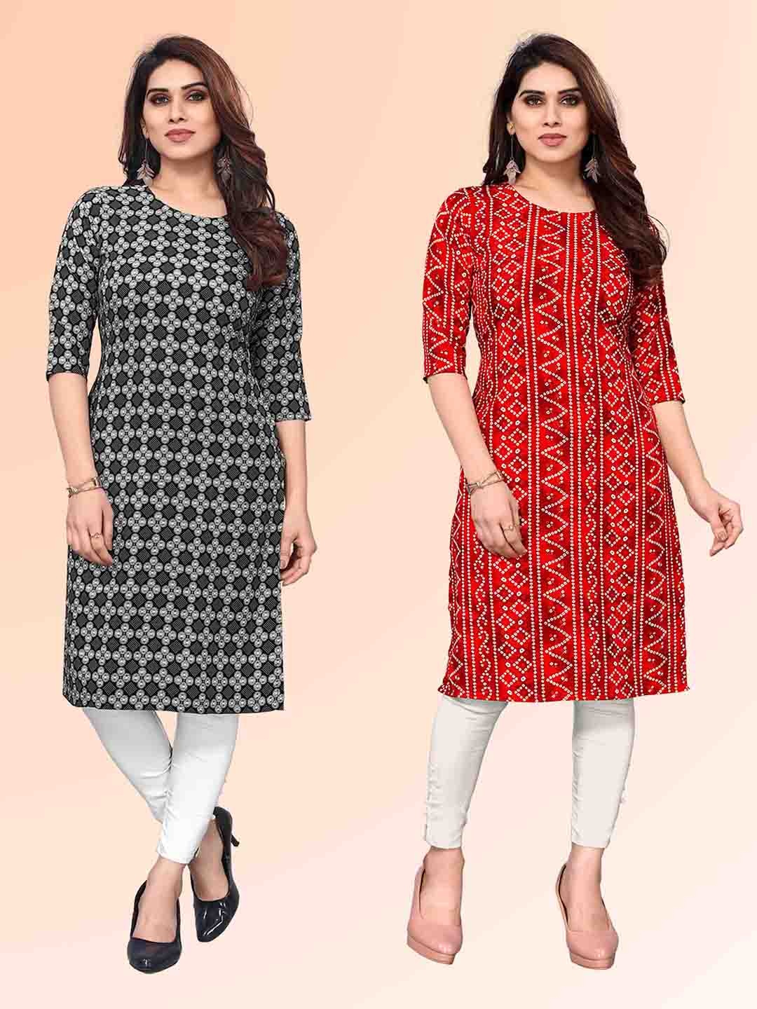 

KETAKI FASHION Selection Of 2 Geometric Printed Round Neck Straight Kurtas, Black