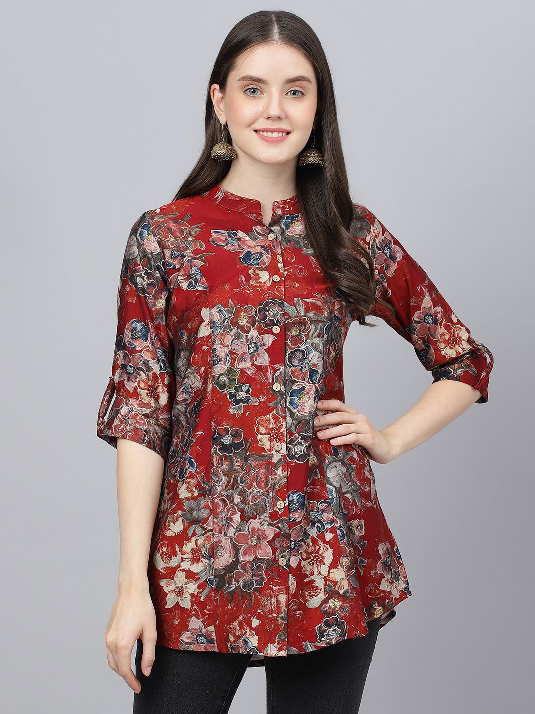 

BAESD Women Floral Print Mandarin Collar Tunic, Maroon