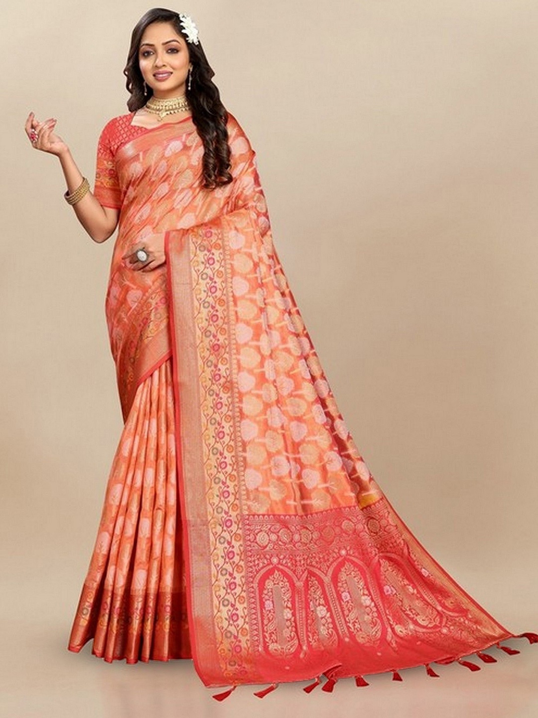 

VARNI FABRICS Woven Design Zari Pure Silk Banarasi Saree, Orange