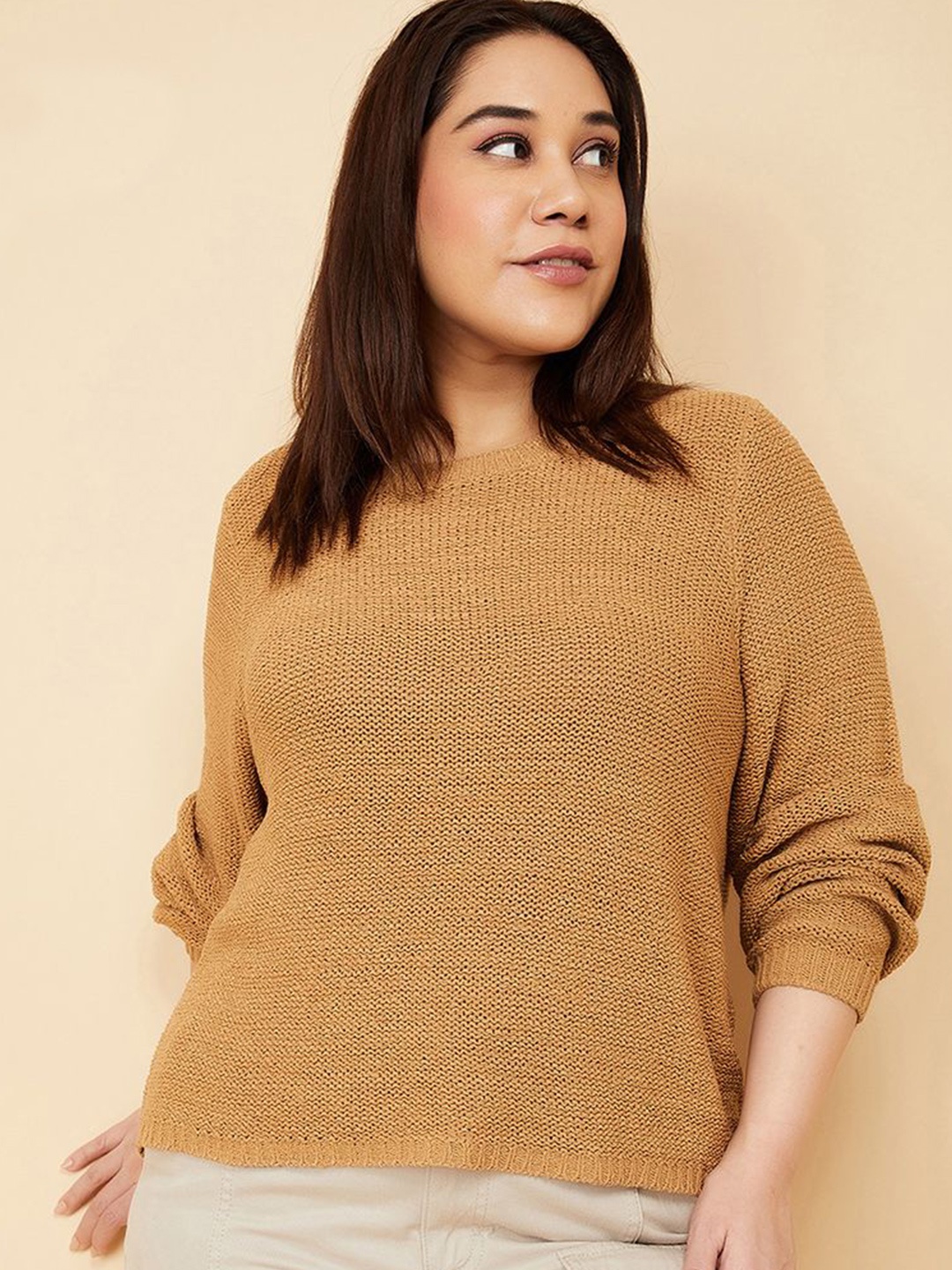 

max Round Neck Self Design Top, Brown