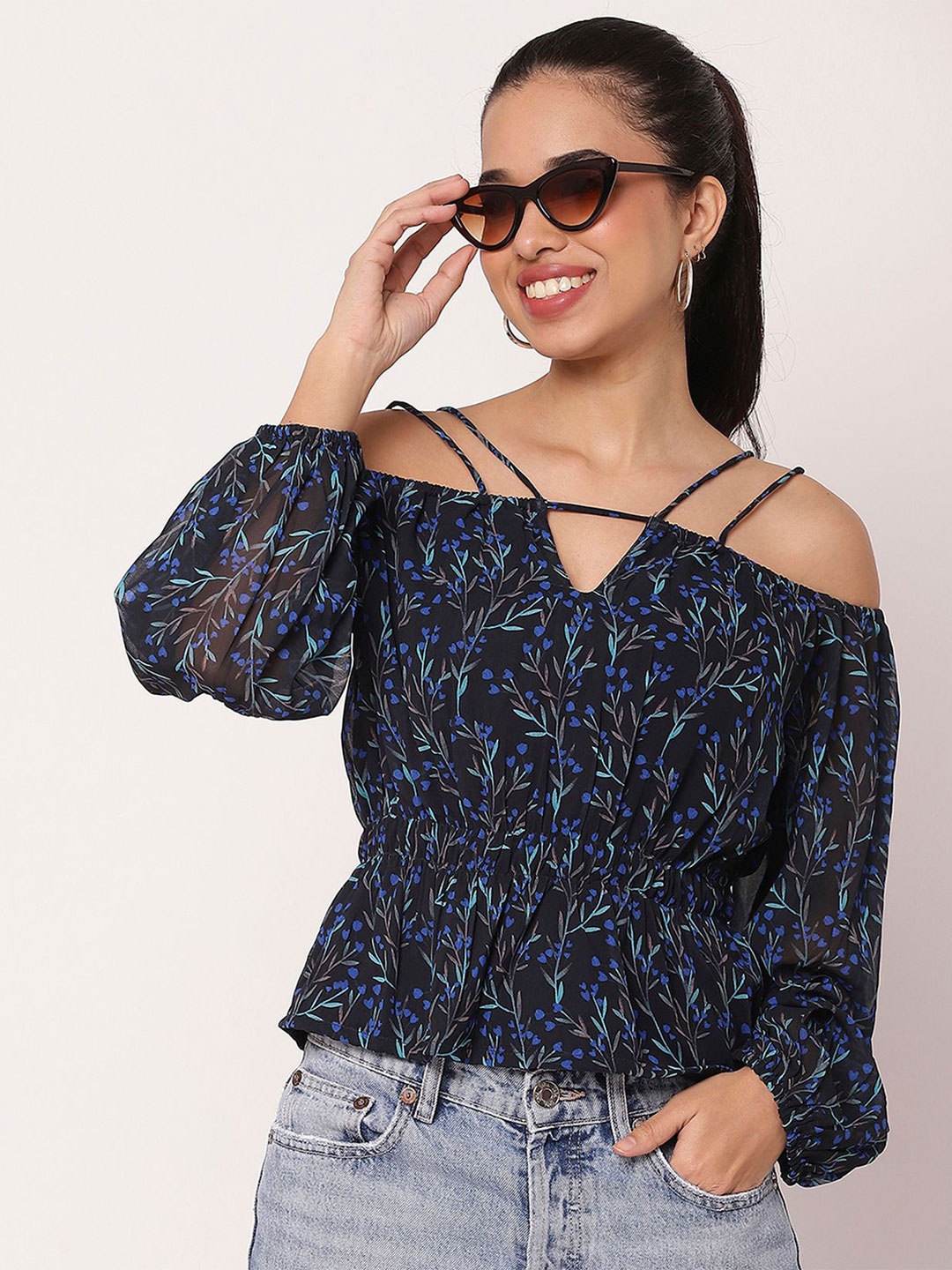 

Moomaya Women Floral Printed Off-Shoulder Bishop Sleeves Peplum Top, Black