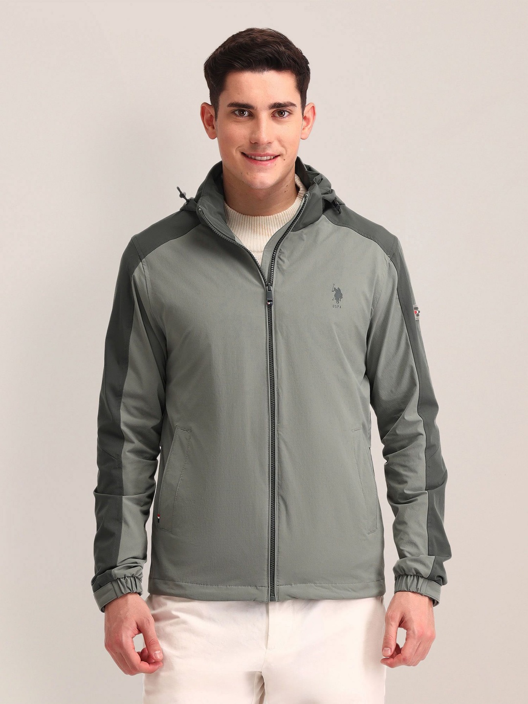 

U.S. Polo Assn. Men Hooded Colourblocked Casual Tailored Jacket, Grey