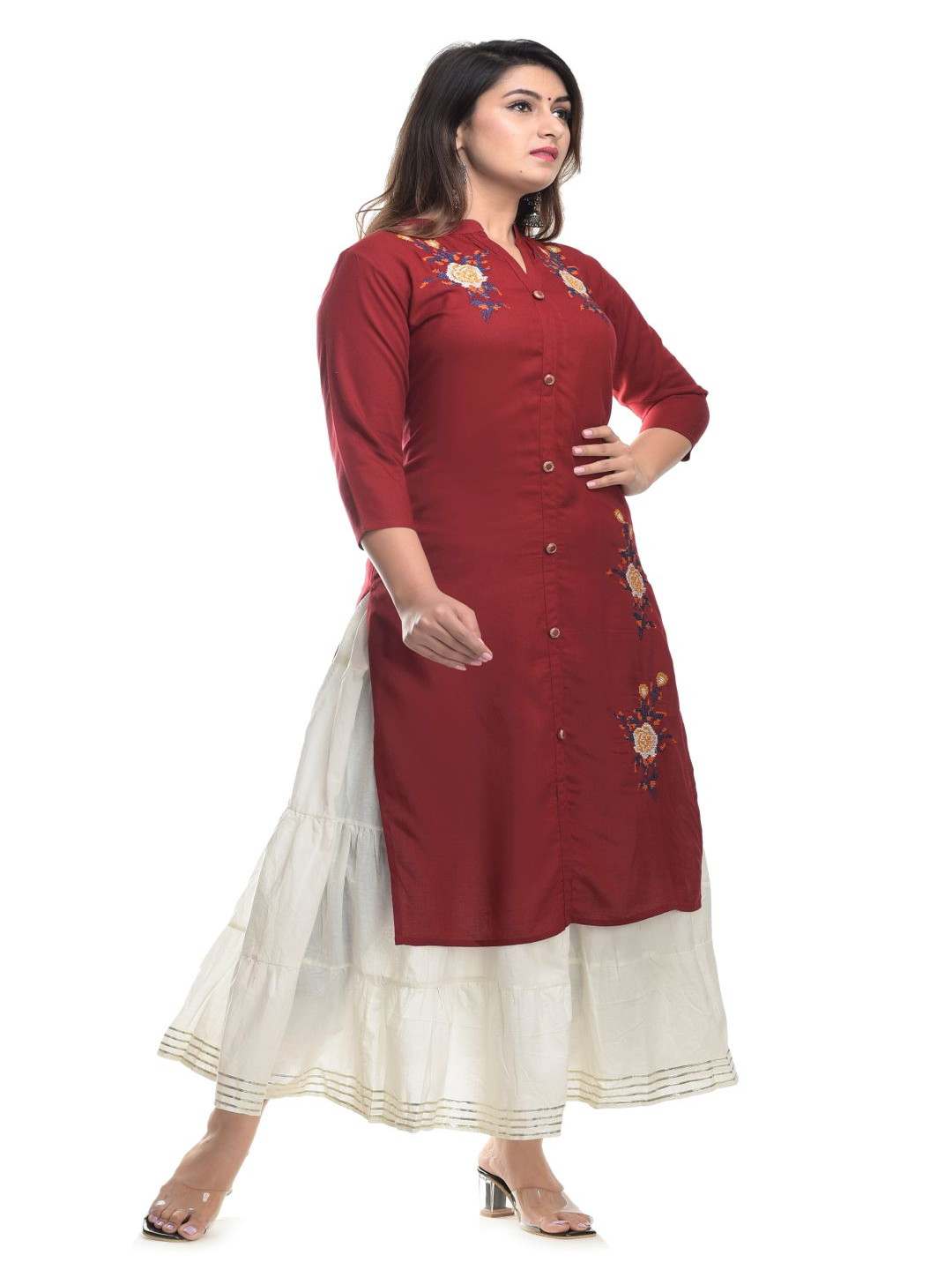 

Mehsoos Women Embroidered Regular Kurta with Skirt, Maroon