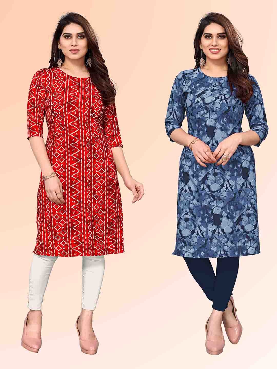 

KETAKI FASHION Selection Of 2 Bandhani Printed Round Neck Straight Kurtas, Red