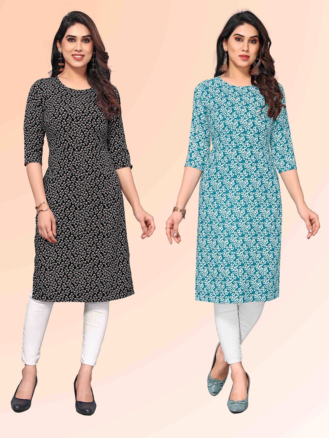 

KETAKI FASHION Selection Of 2 Floral Printed Round Neck Straight Kurtas, Black