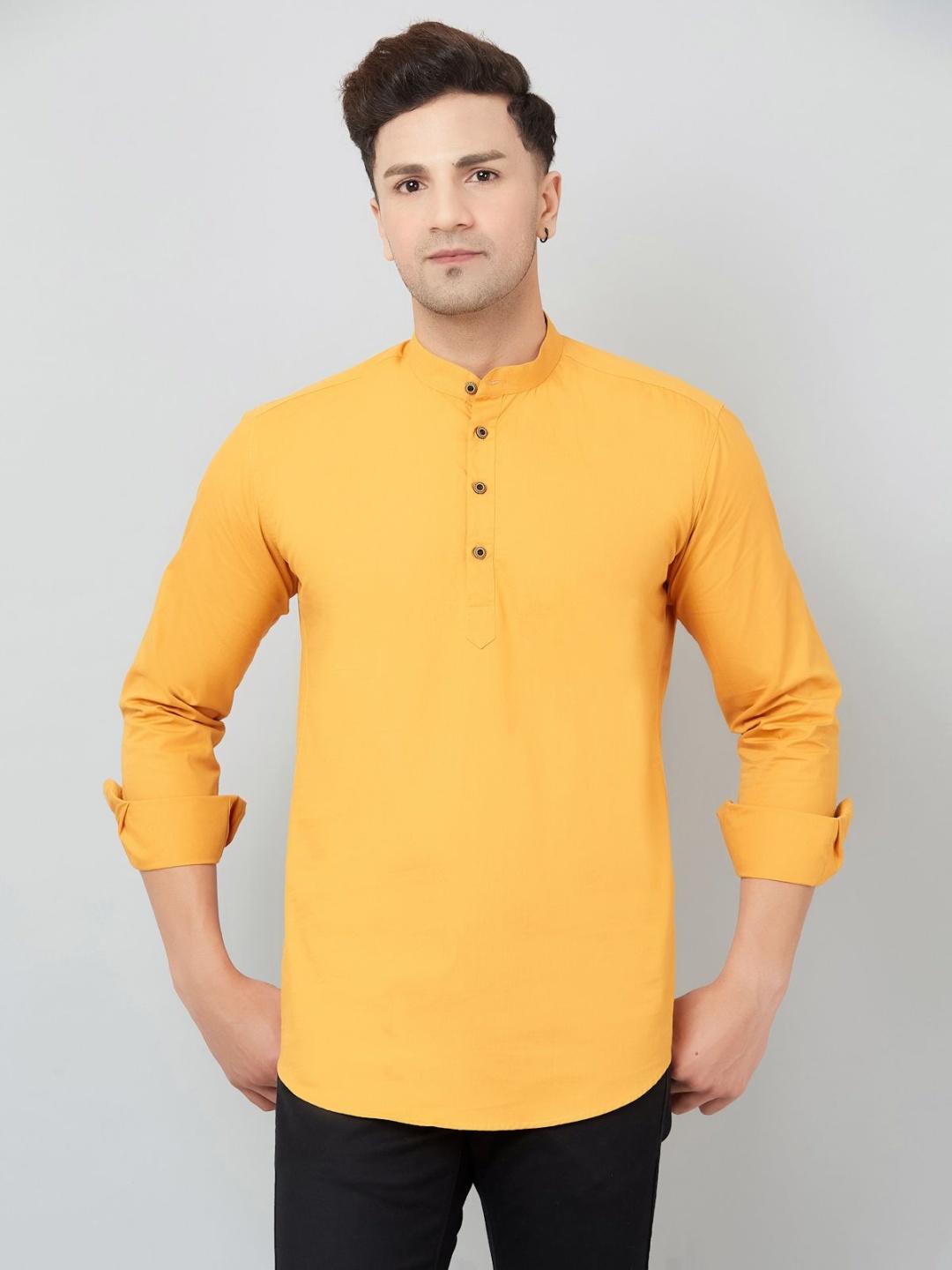 

Le Mec Band Collar Rolled-Up Sleeves Silm Fit Short Straight Kurta, Yellow