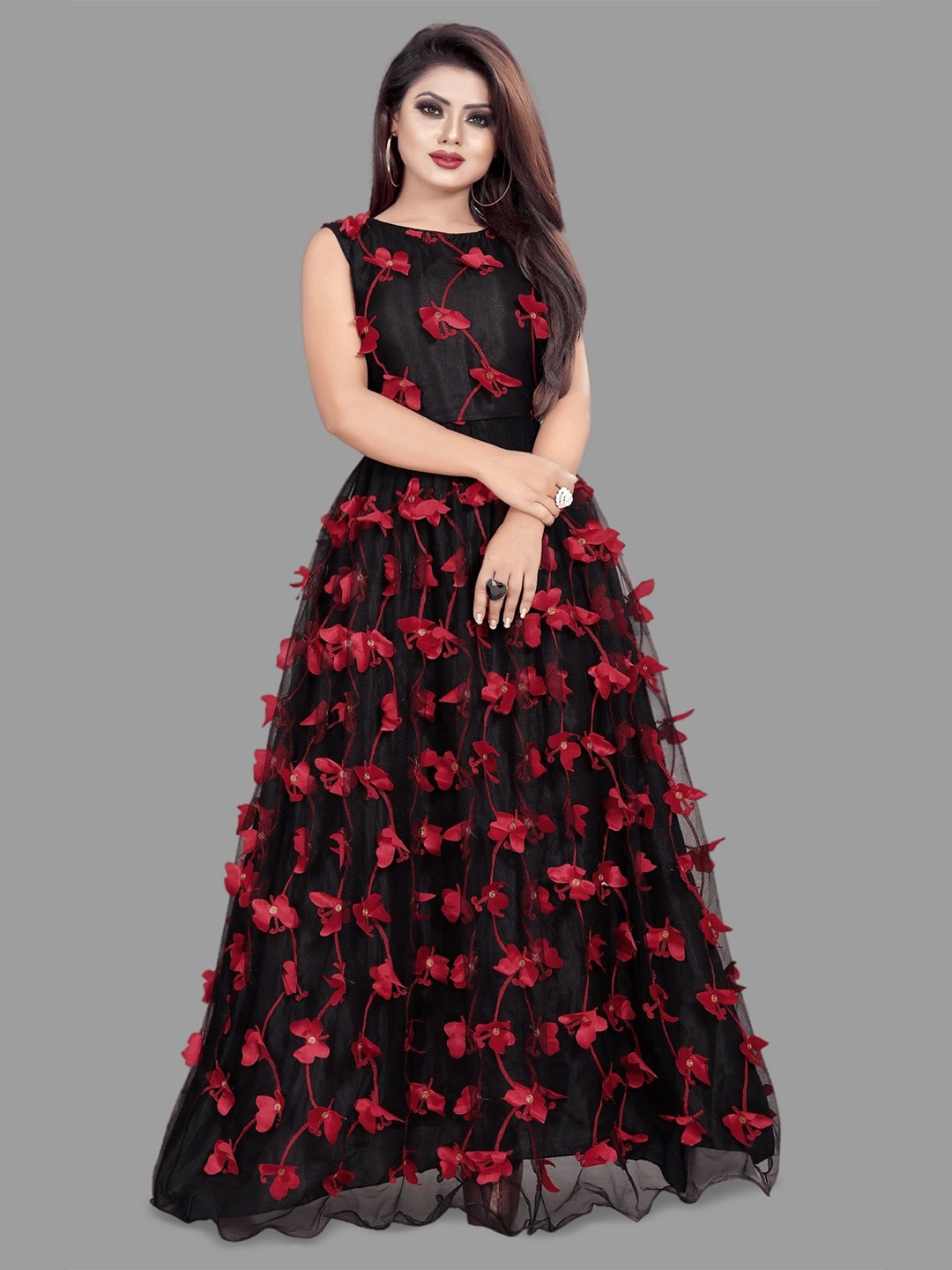 

A TO Z CART Floral Self Design Net Maxi Dress, Black