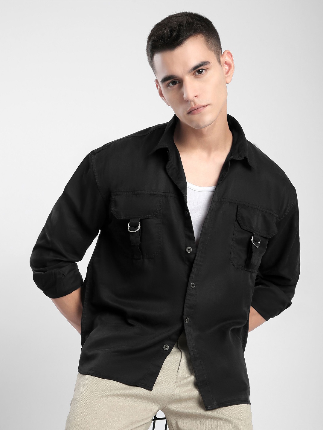 

Beyoung Men Spread Collar Solid Casual Shirt, Black