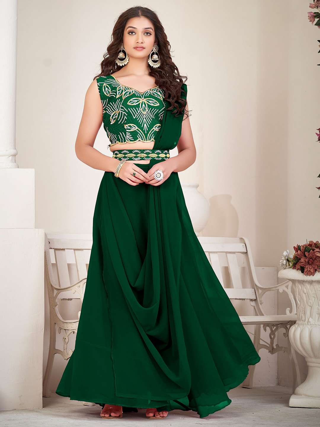 

KALINI Embroidered Thread Work Semi-Stitched Lehenga & Unstitched Blouse With Dupatta, Green