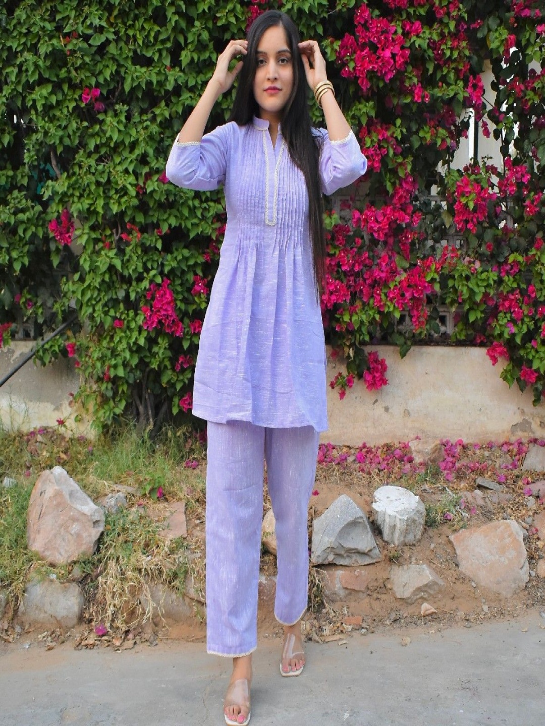 

LABEL KRISHA Printed Mandarin Collar Top With Trousers Co-ord Set, Purple