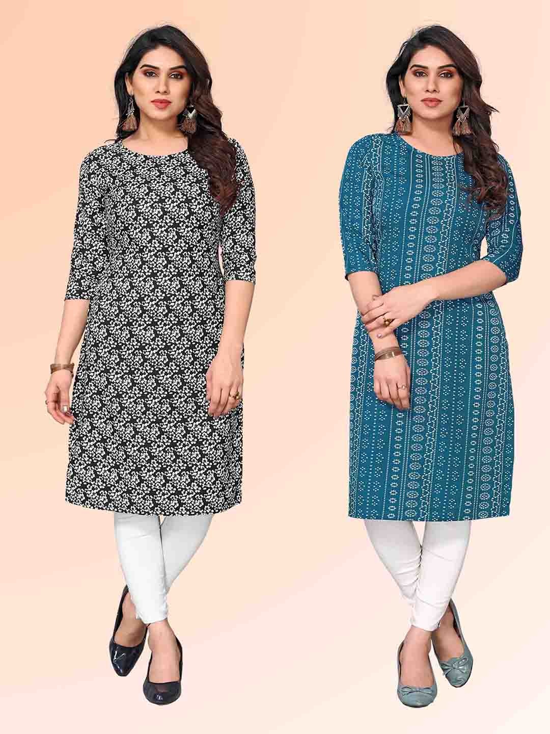 

KETAKI FASHION Selection Of 2 Floral Printed Round Neck Straight Kurtas, Black