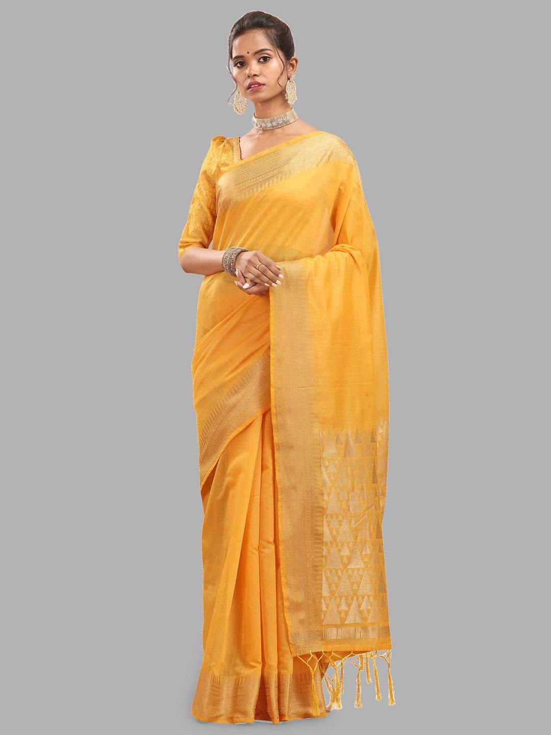 

Krimmple Woven Design Zari Silk Cotton Banarasi Saree, Yellow