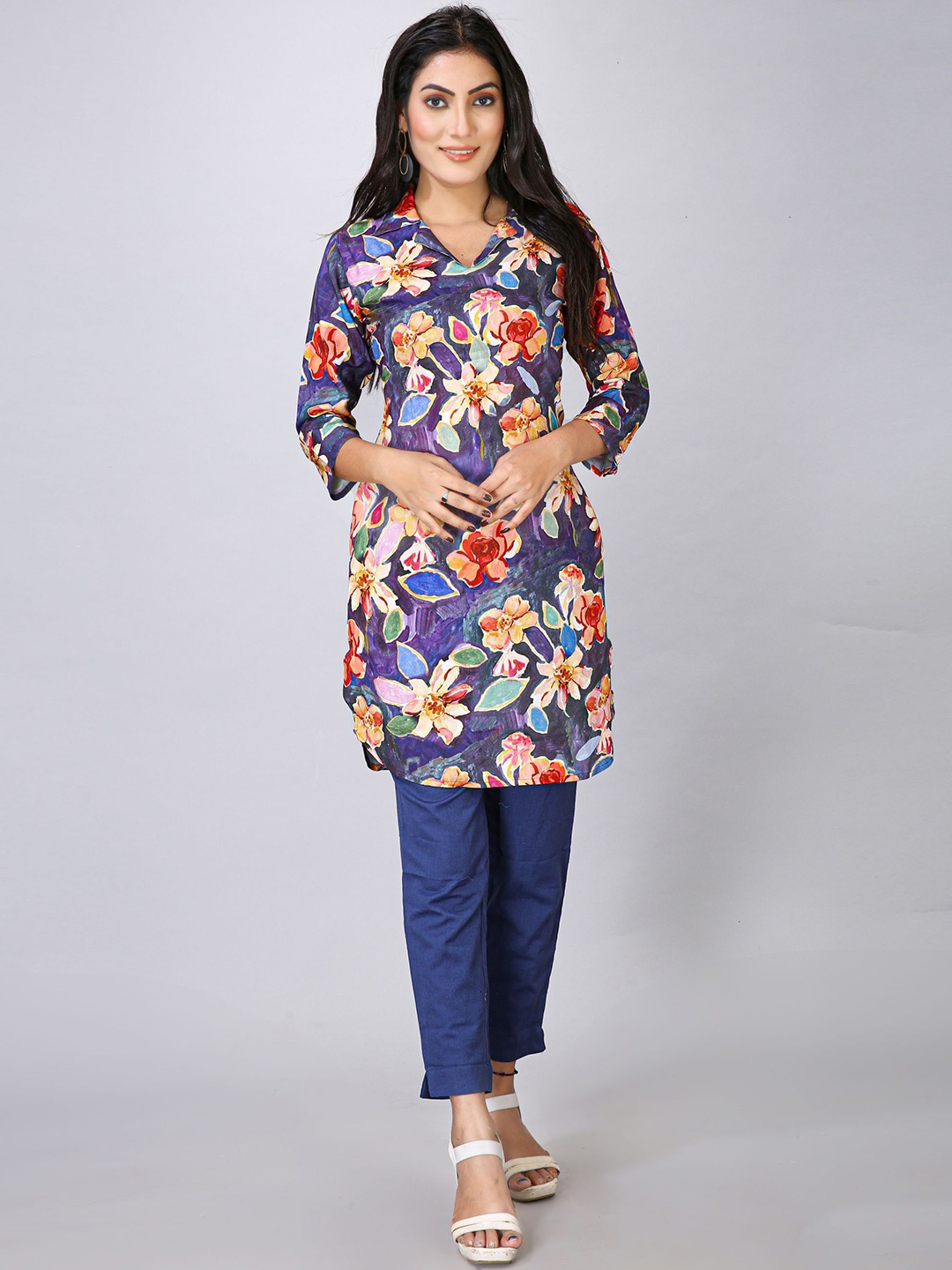 

Krimmple Floral Printed Shirt Collar Kurti, Blue