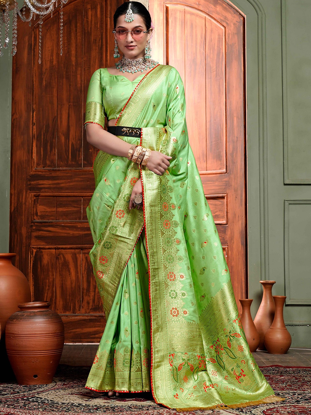 

Aagiri Woven Design Zari Pure Silk Banarasi Saree, Sea green