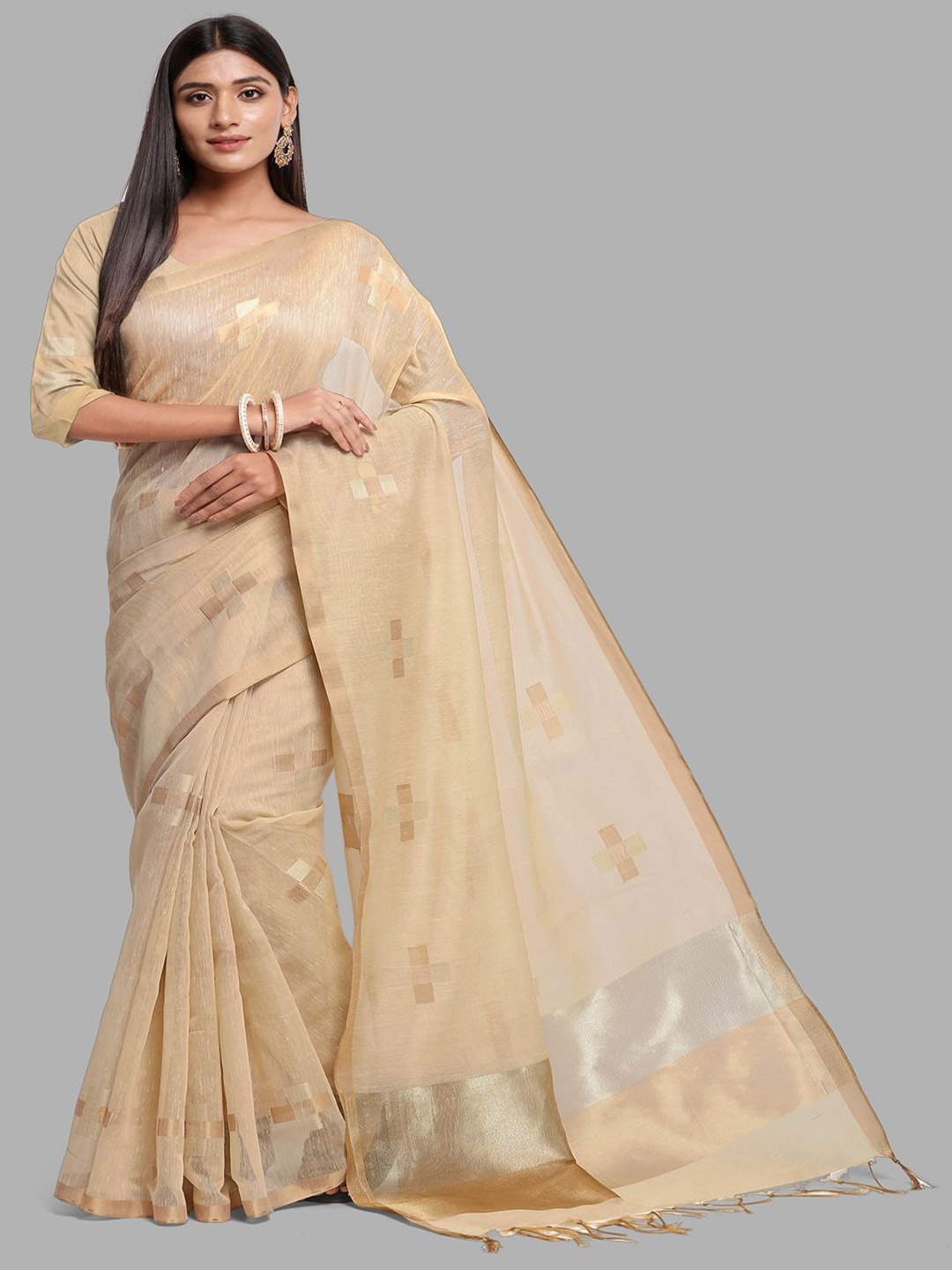 

Krimmple Ethnic Motifs Zari Pure Linen Khadi Saree, Beige