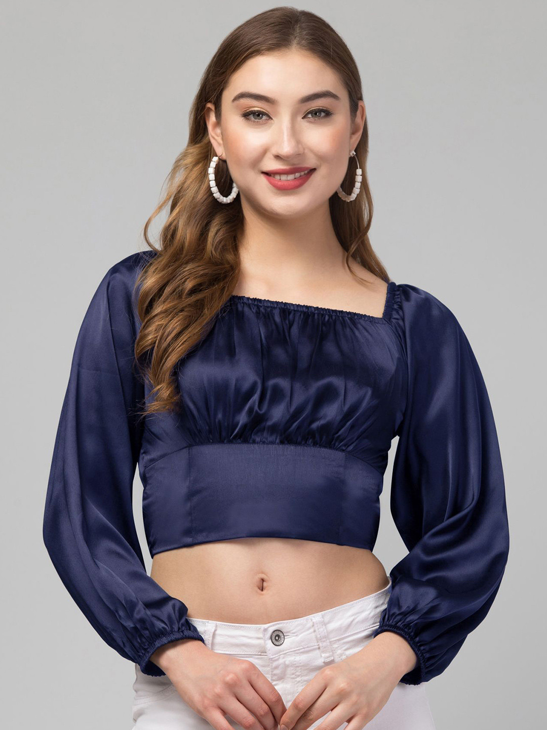 

CULPI Puff Sleeve Satin Cinched Waist Crop Top, Blue
