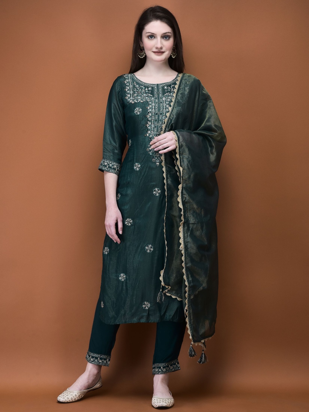 

Shree Stones And Beads Work Liva Round Neck Thread Work Kurta with Trousers & Dupatta, Green