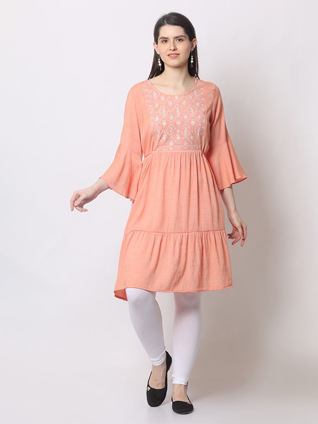 

Krimmple Women Ethnic Motifs Yoke Design Bell Sleeves Thread Work Kurta, Orange