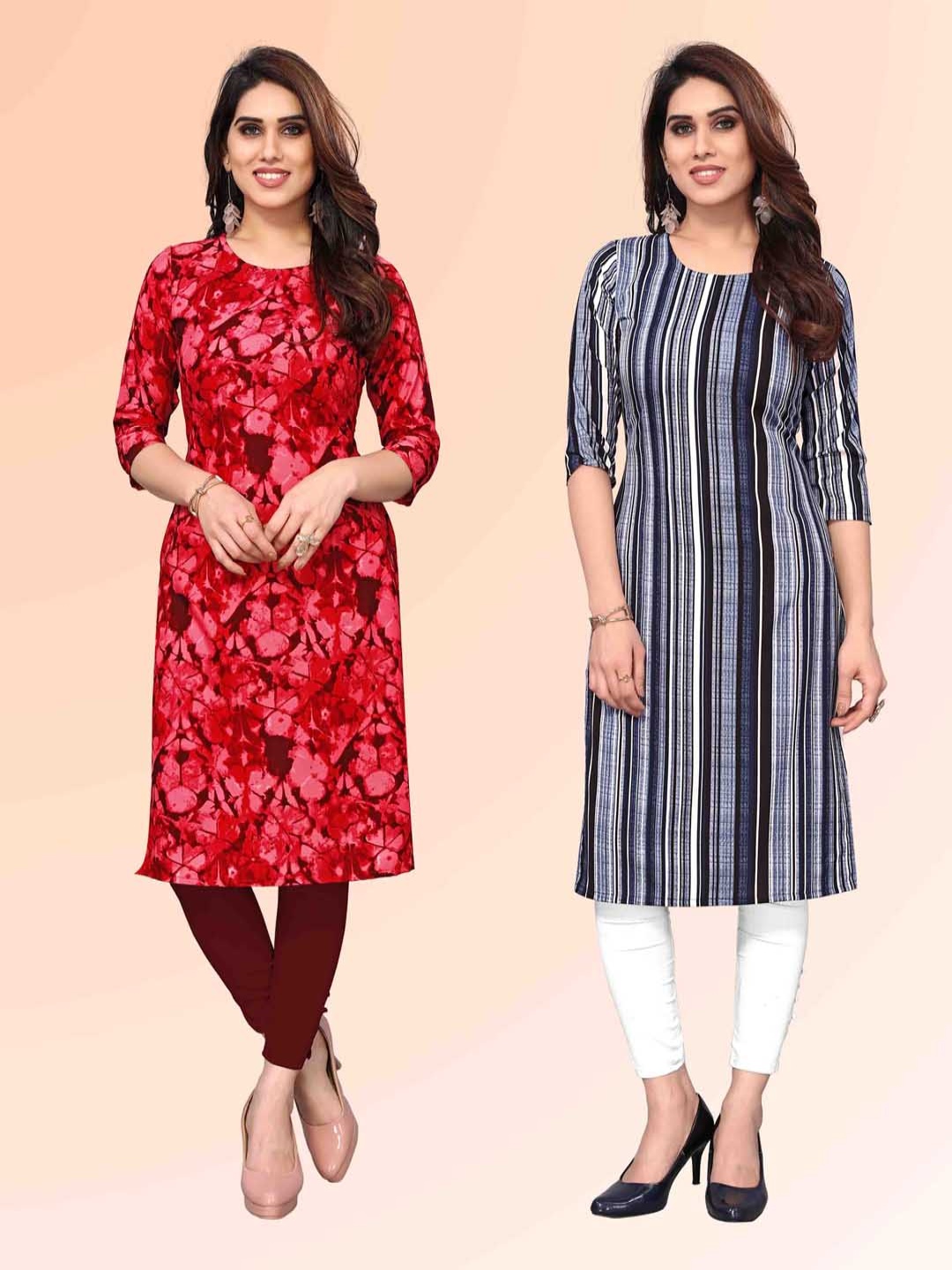 

KETAKI FASHION Selection Of 2 Geometric Printed Round Neck Straight Kurtas, Red