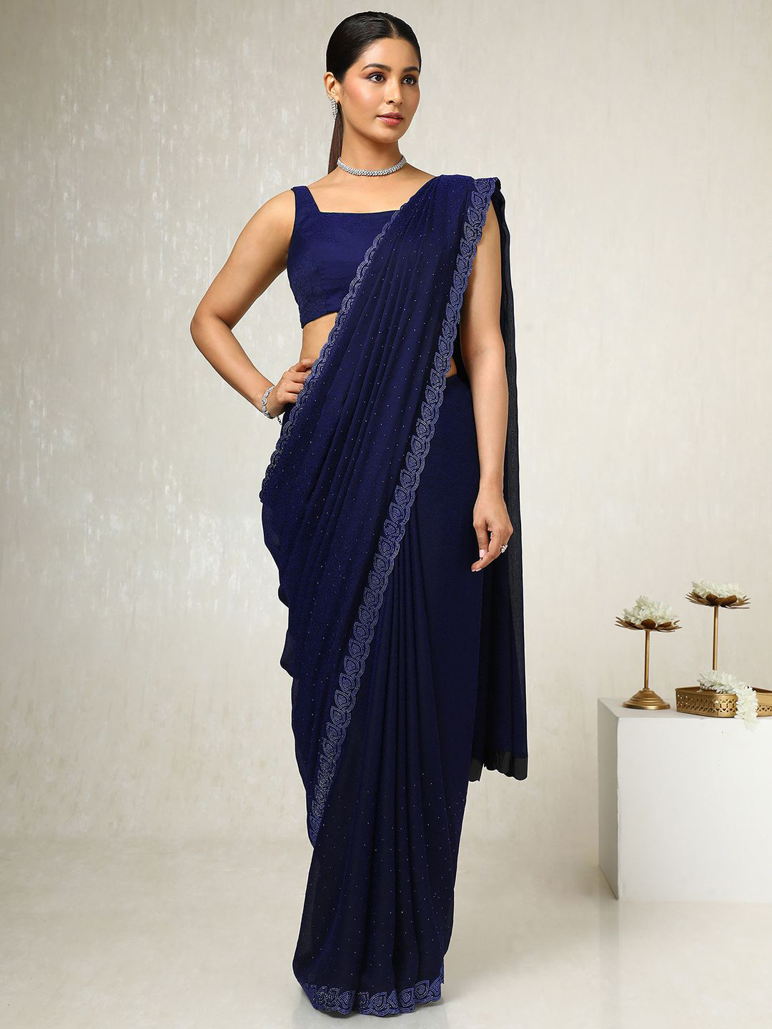 

Soch Embellished Beads and Stones Pure Chiffon Saree, Navy blue