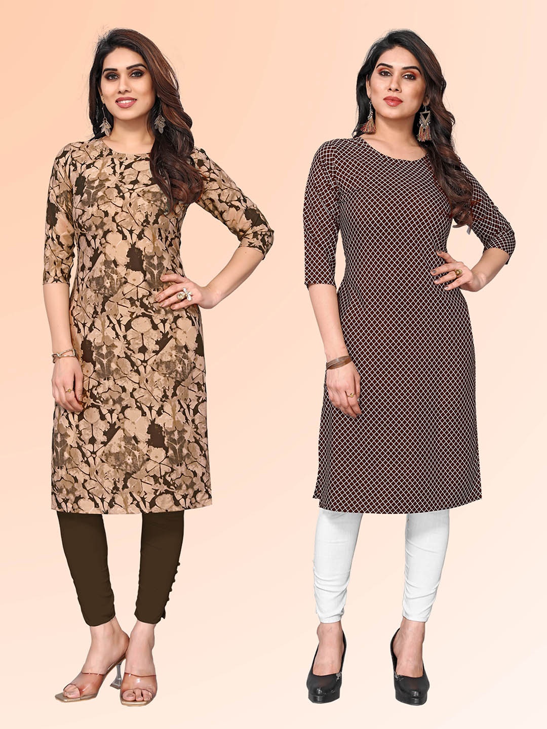 

KETAKI FASHION Selection Of 2 Abstract Printed Round Neck Straight Kurtas, Brown