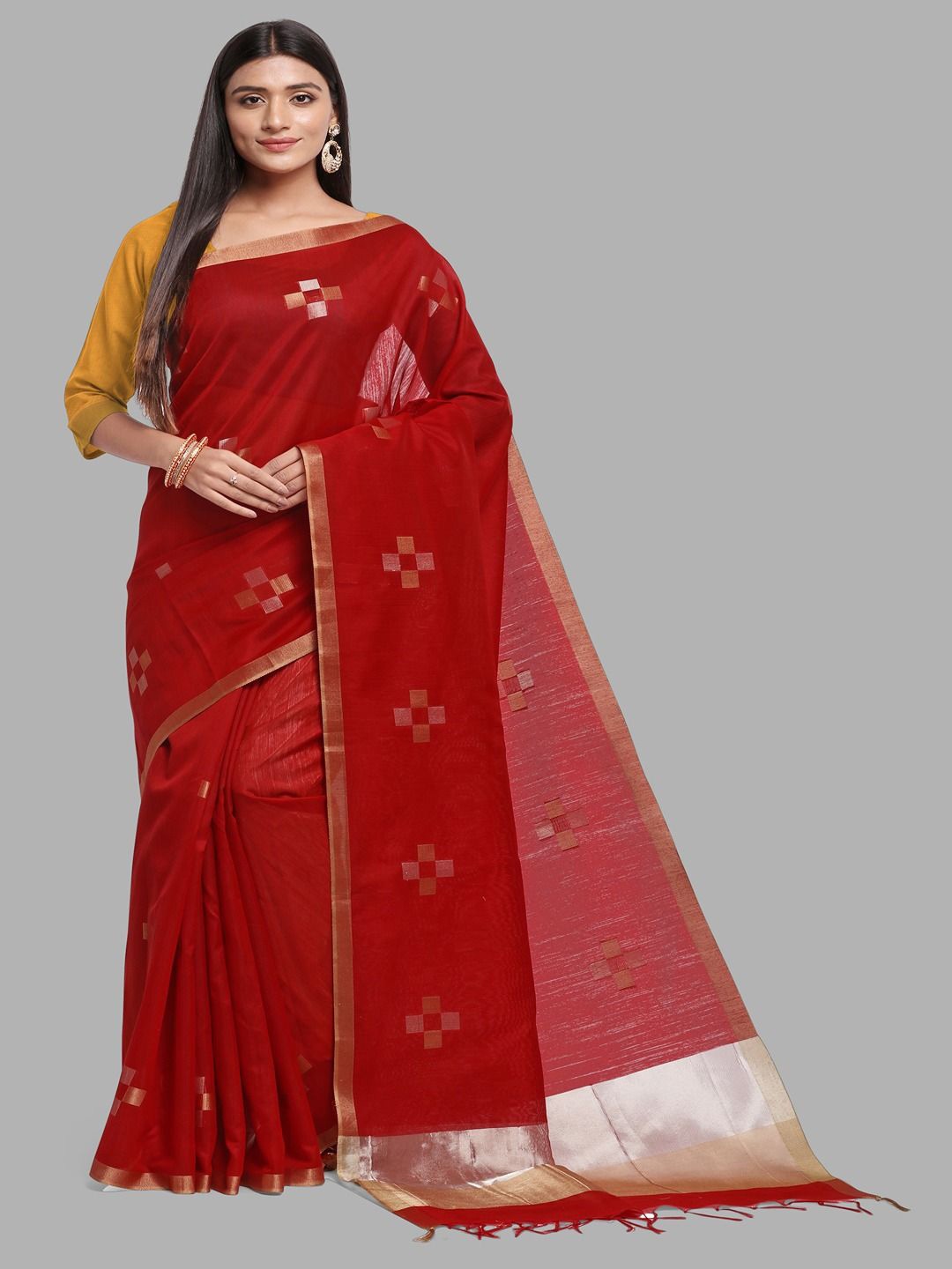 

Krimmple Woven Design Silk Cotton Banarasi Saree, Red