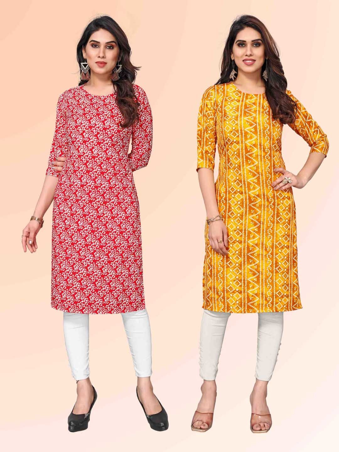 

KETAKI FASHION Selection of 2 Floral Printed Round Neck Straight Kurtas, Red