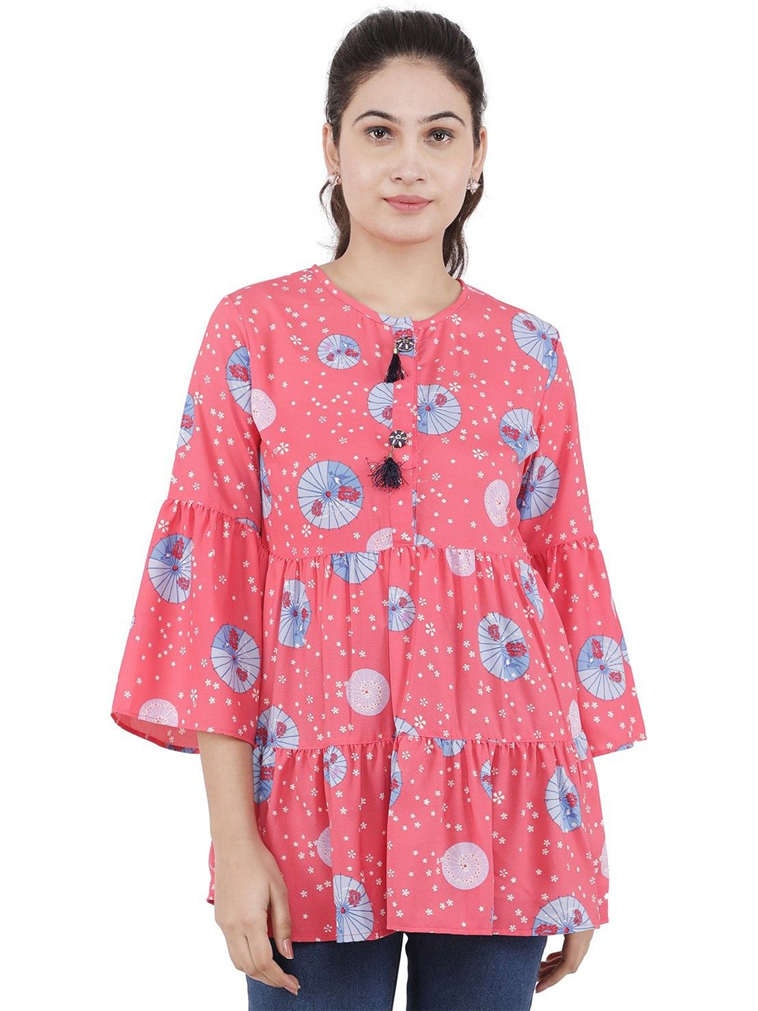 

CULPI Women Tie-Up Neck Bell Sleeve Tunic, Pink