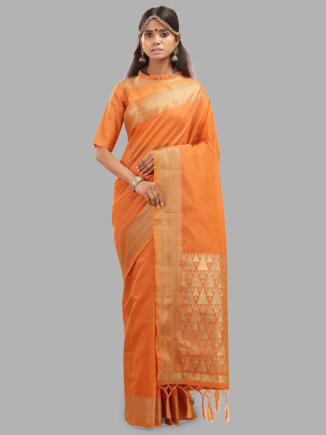 

Krimmple Zari Silk Cotton Banarasi Saree, Orange
