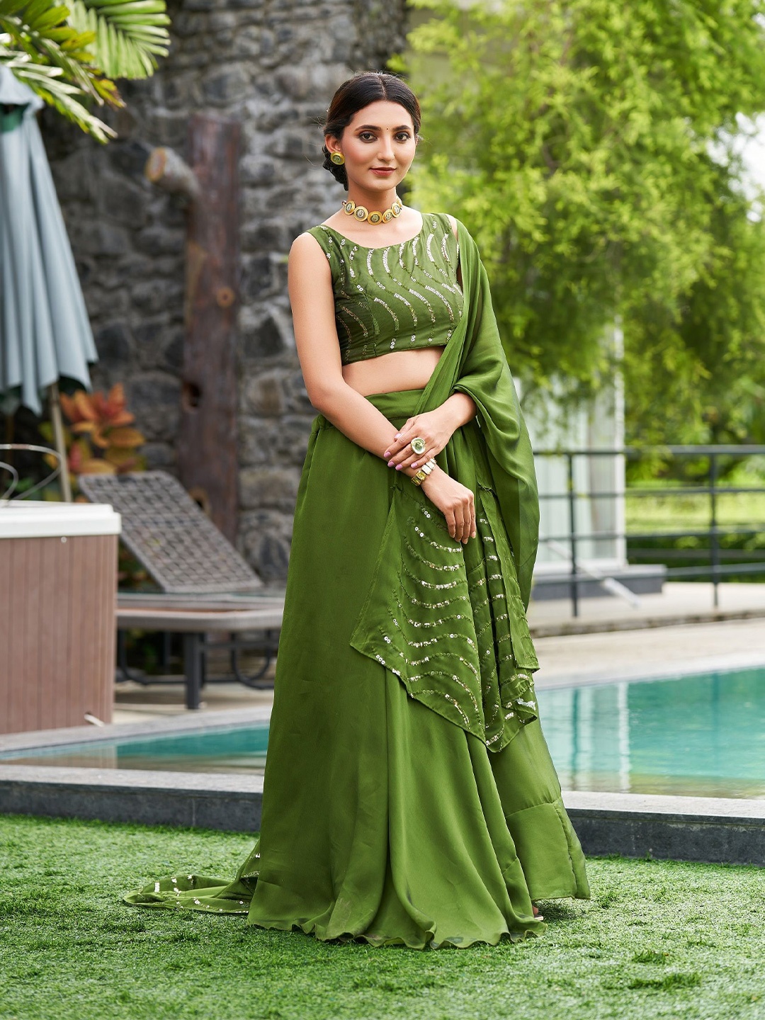 

KALINI Embroidered Thread Work Semi-Stitched Lehenga & Unstitched Blouse With Dupatta, Green