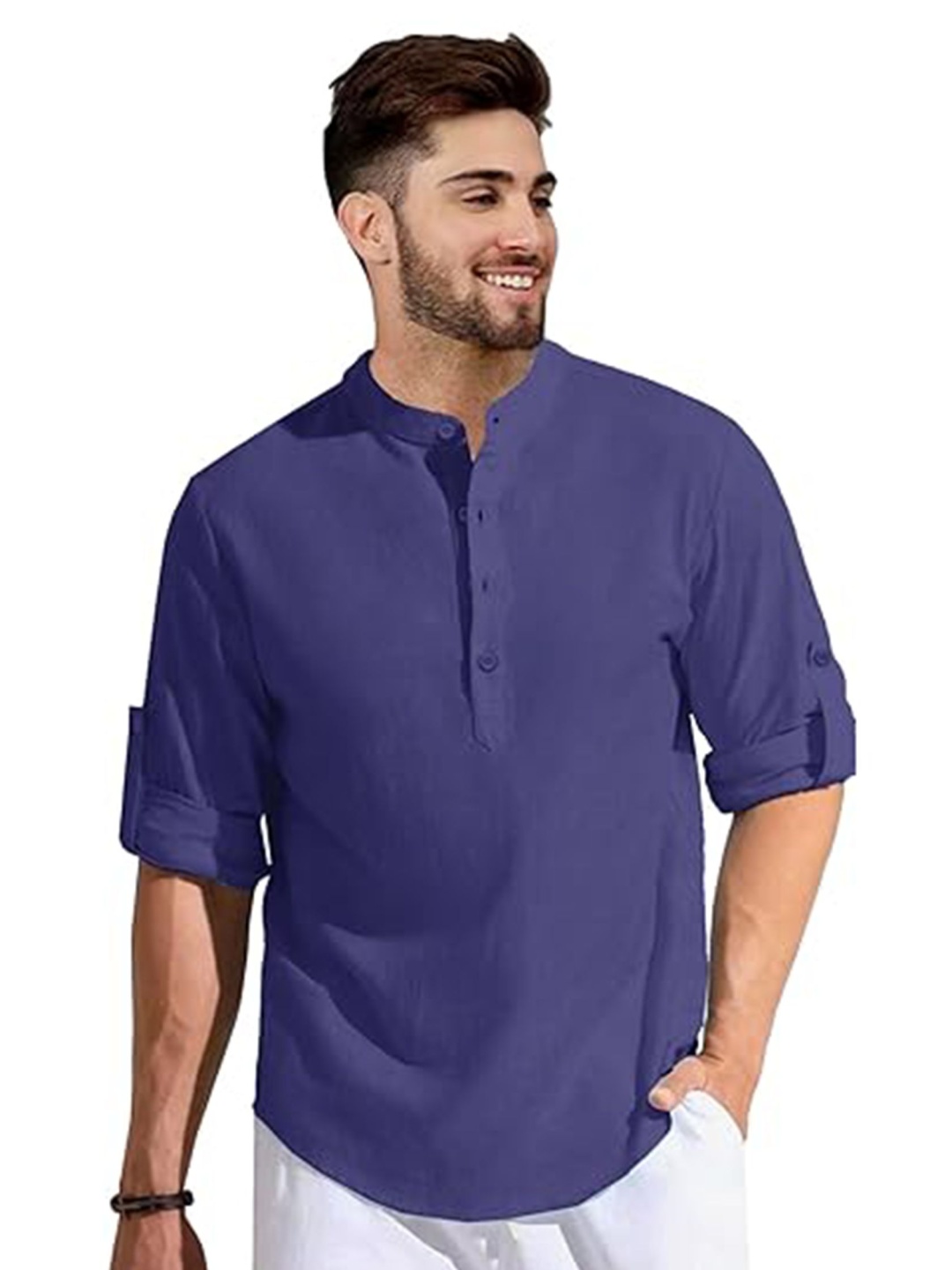 

EdinWolf Mandarin Collar Cotton Slim Fit Straight Kurta, Navy blue