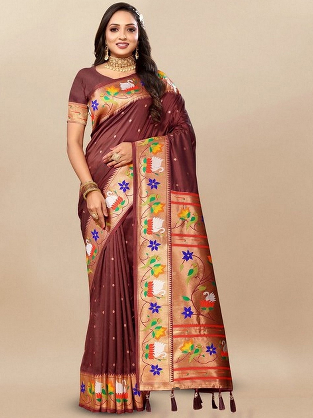 

VARNI FABRICS Woven Design Zari Pure Silk Paithani Saree, Coffee brown