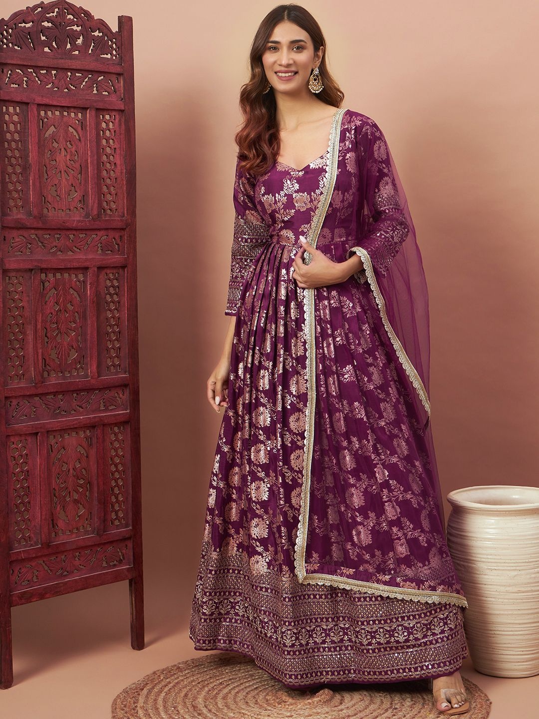 

Chhabra 555 Woven Design Banarasi Gown Maxi Ethnic Dresses With Embellished Dupatta, Burgundy