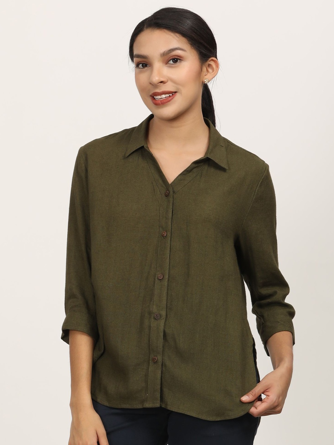 

Saltpetre Women Relaxed Fit Spread Collar Solid Linen Casual Shirt, Olive