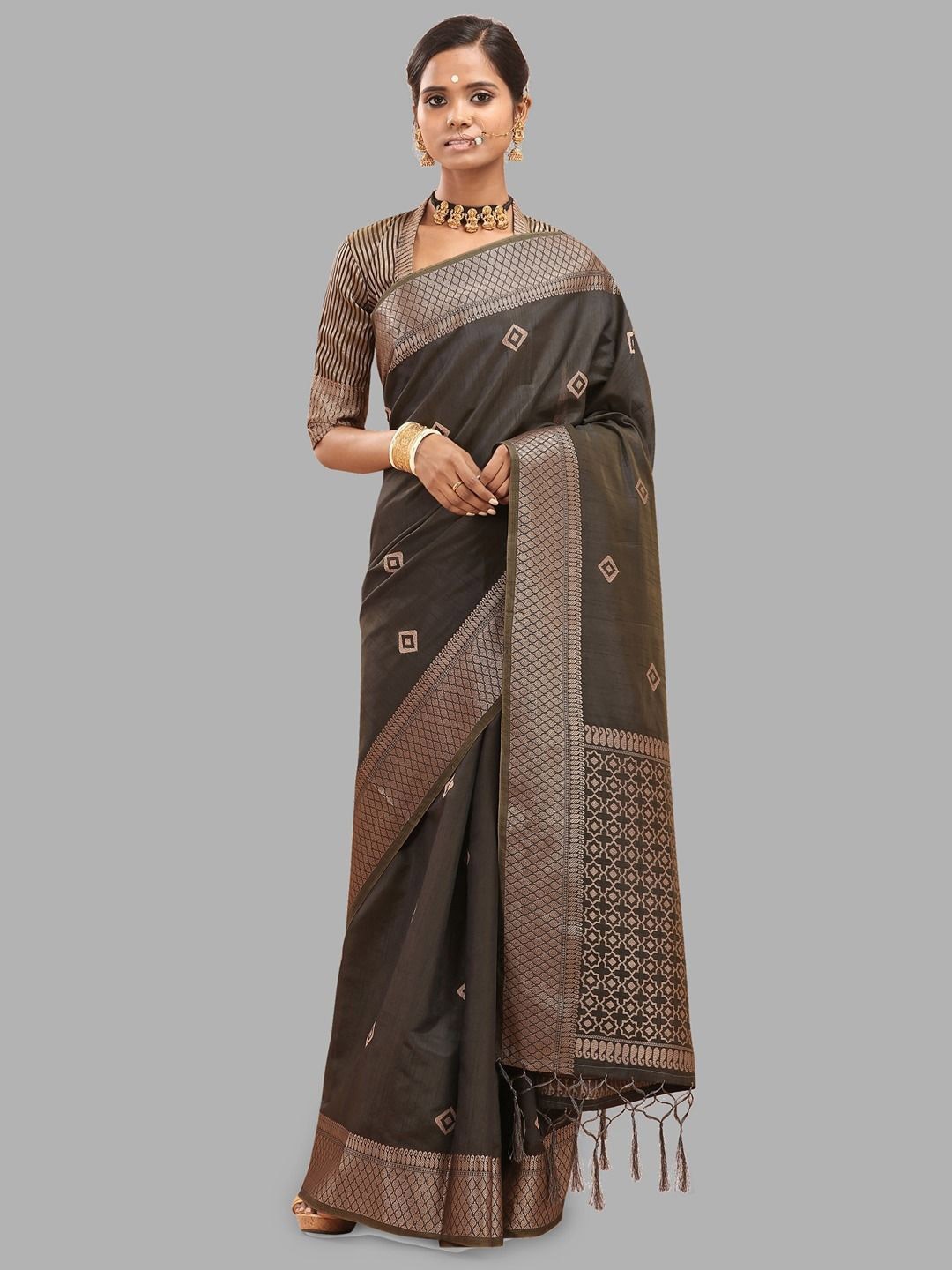 

Krimmple Woven Design Zari Pure Silk Banarasi Saree, Grey