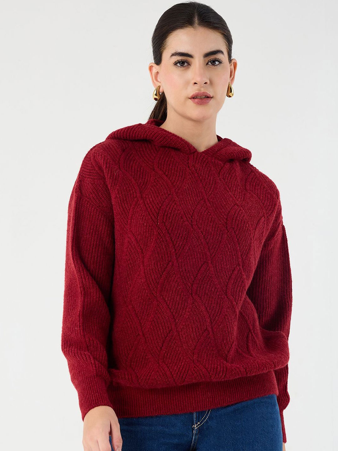 

Femella Women Open Knit Hooded Pullover, Red