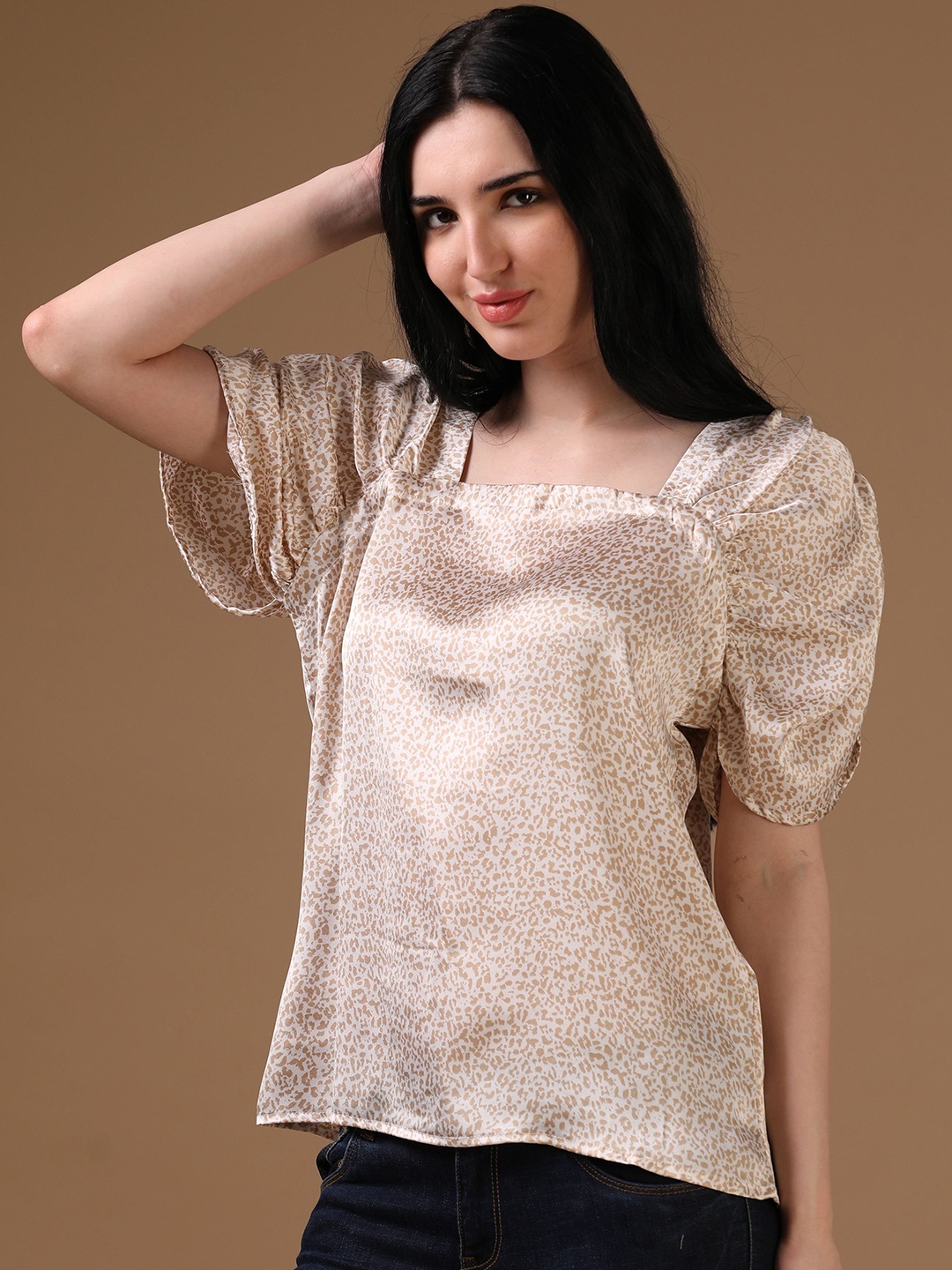 

Hassu's Animal Printed Satin Puff Sleeve Chiffon Top, Beige