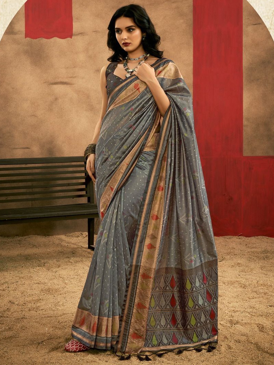 

Anouk Ethnic Motifs Woven Design Zari Banarasi Saree, Grey