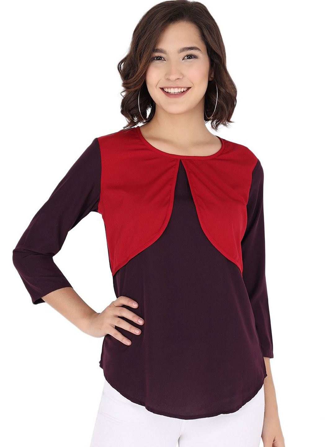 

CULPI Women Round Neck A-Line Top, Maroon