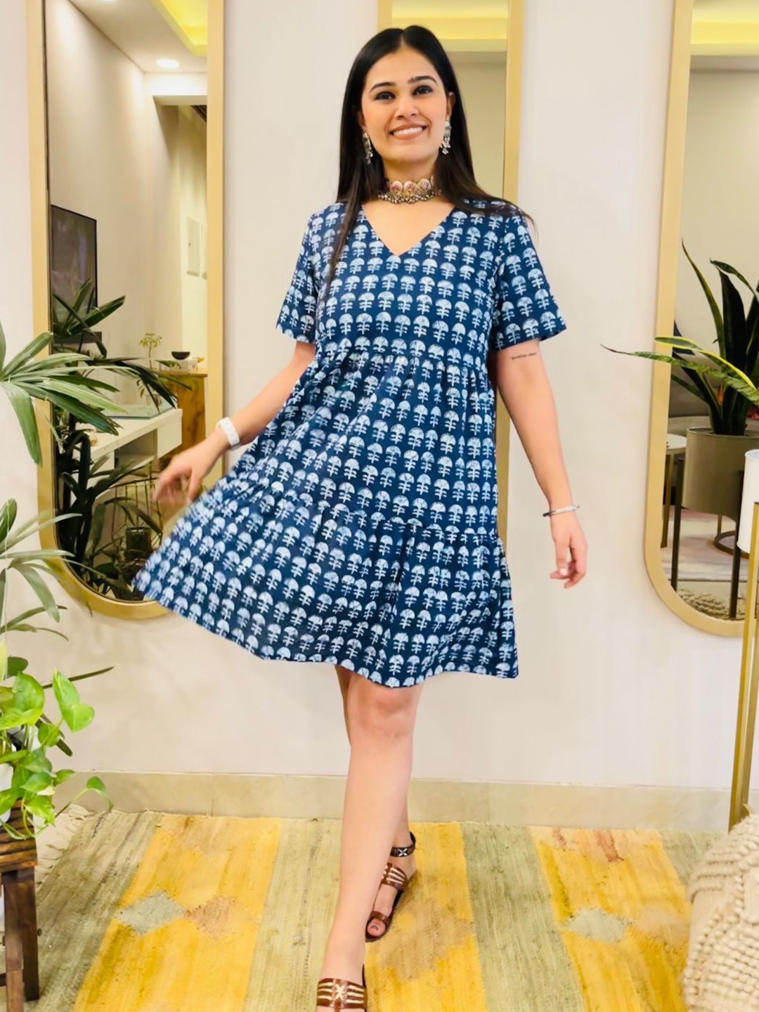 

Bohemian Dream Indigo Handblock Flare Dress, Blue
