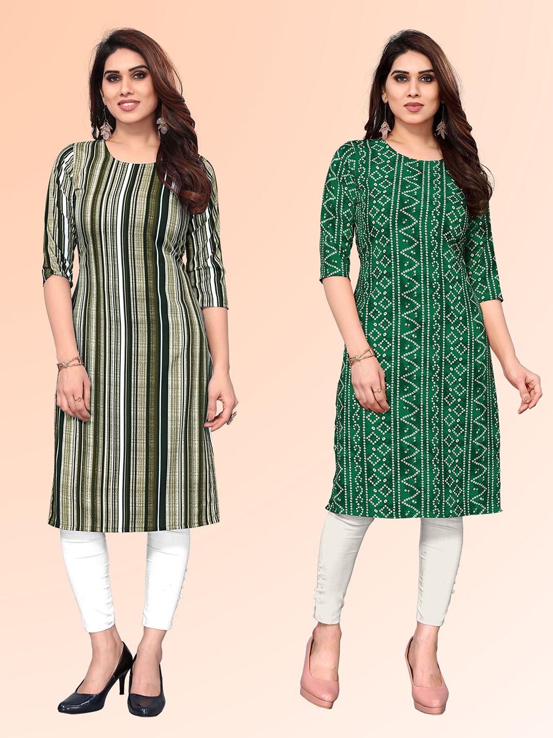 

KETAKI FASHION Selection Of 2 Striped Round Neck Straight Kurtas, Black