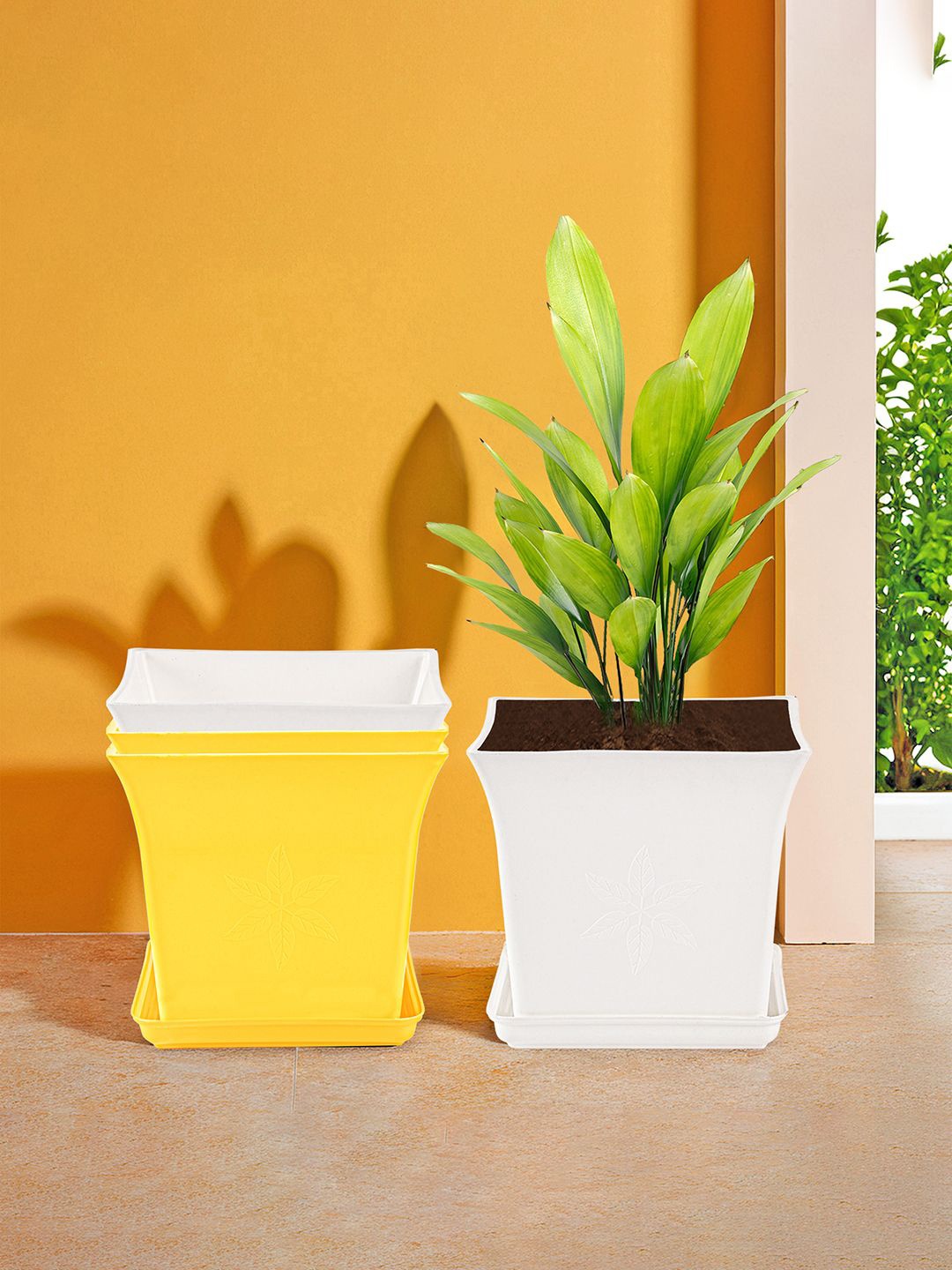 

Kuber Industries White & Yellow 4 Pieces Premium Flower Pots for Garden with Bottom Plates