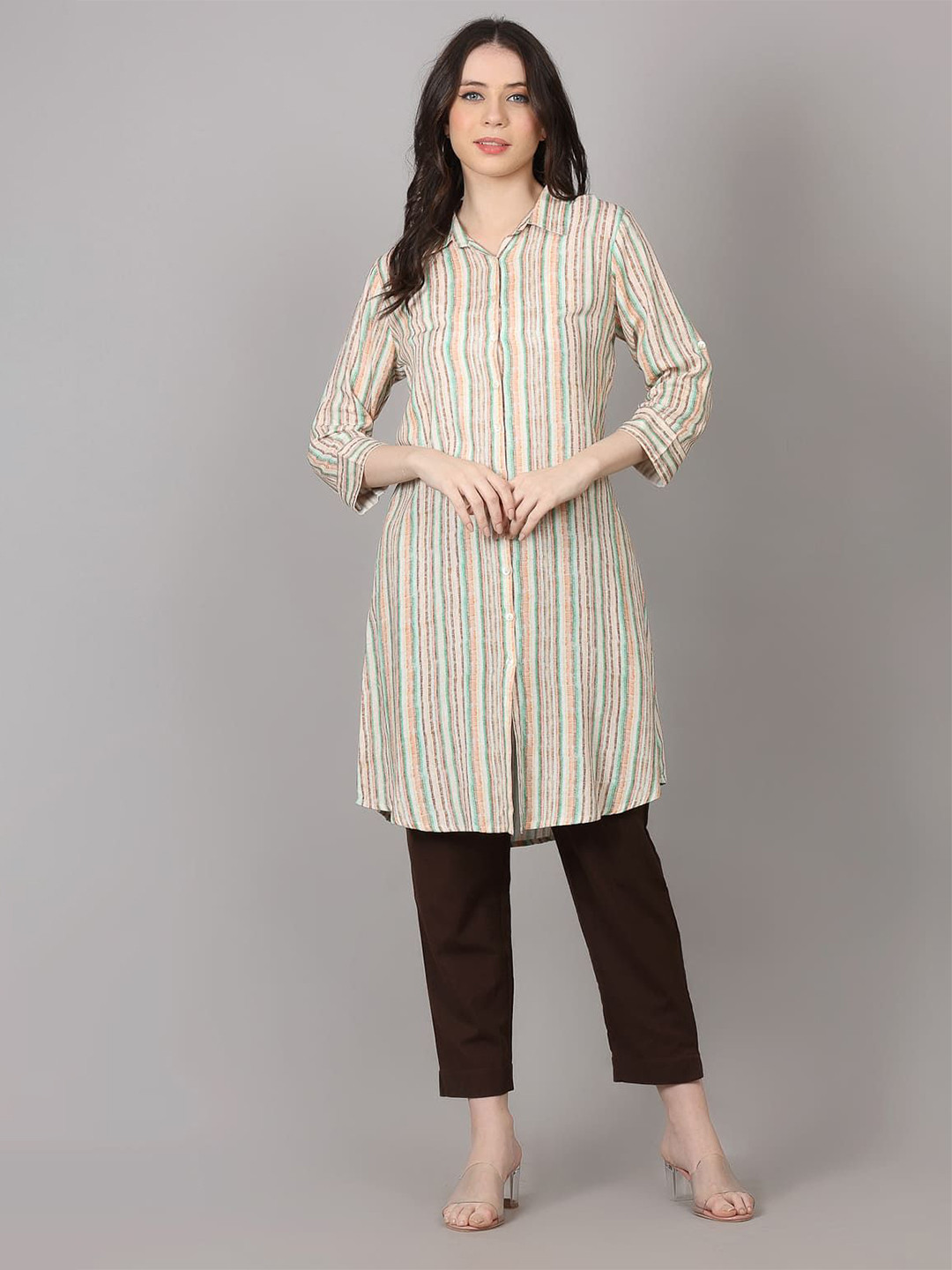 

Krimmple Women Striped Shirt Collar Front Slit Straight Kurta, Cream