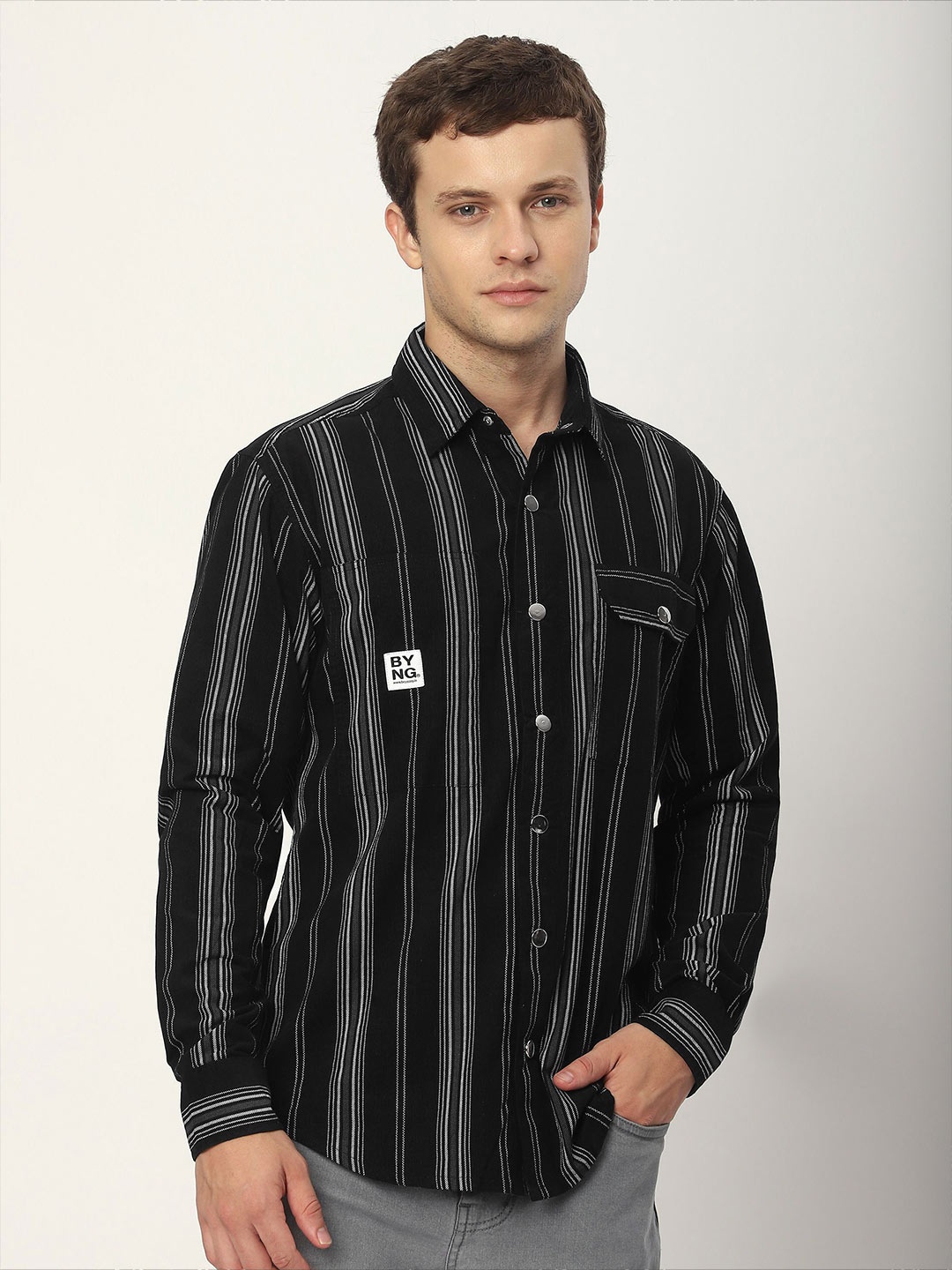 

Beyoung Men Spread Collar Vertical Striped Cotton Casual Shirt, Black