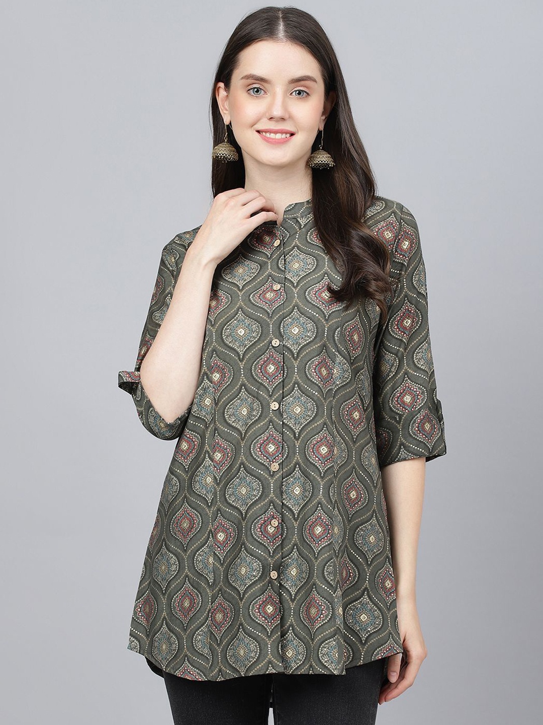 

BAESD Women Printed Mandarin Collar Roll-Up Sleeves Top, Grey