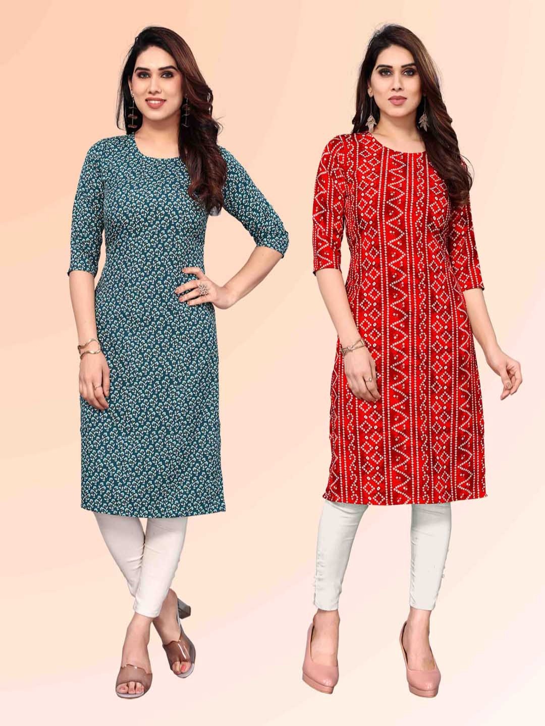 

KETAKI FASHION Selection Of 2 Floral Printed Round Neck Straight Kurtas, Green