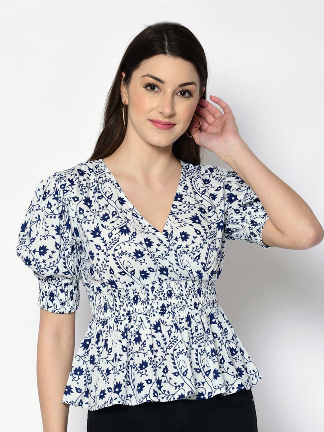 

DressBerry Floral Printed Cuffed Sleeve Peplum Top, White