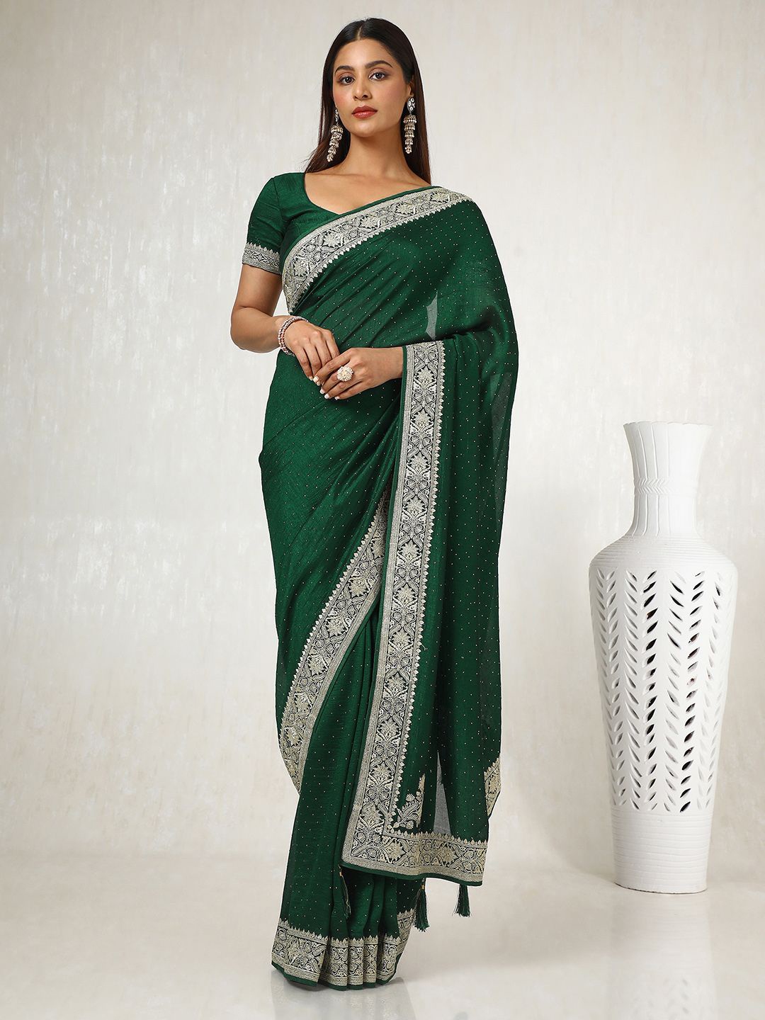 

Soch Floral Beads and Stones Silk Blend Tussar Saree, Green