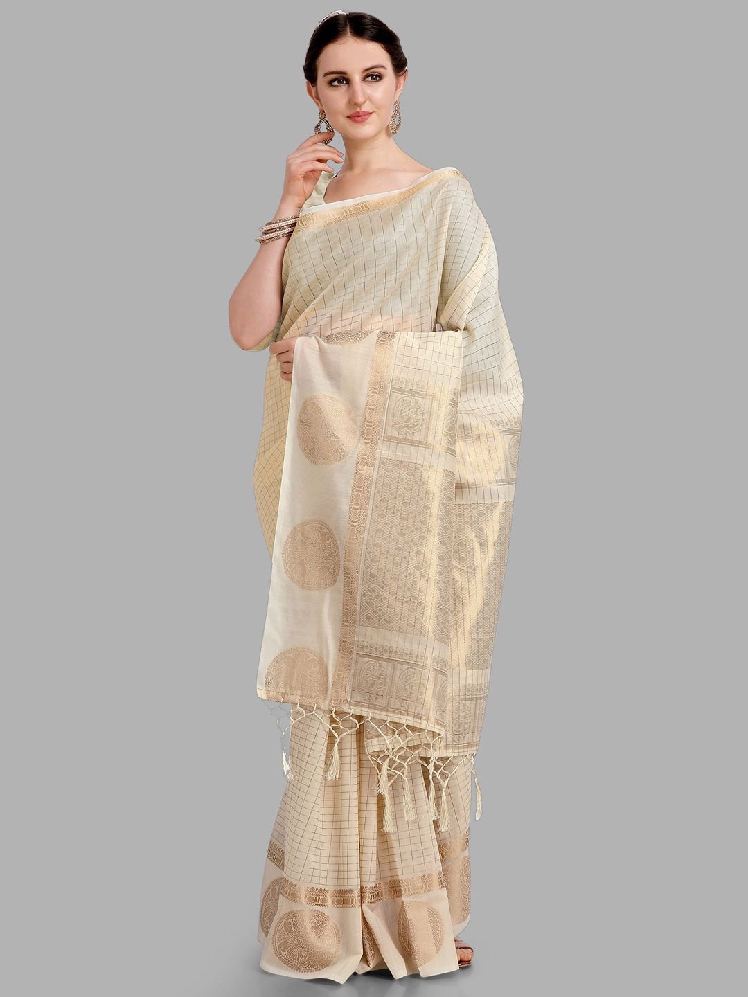 

Krimmple Woven Design Zari Silk Cotton Kanjeevaram Saree, Cream