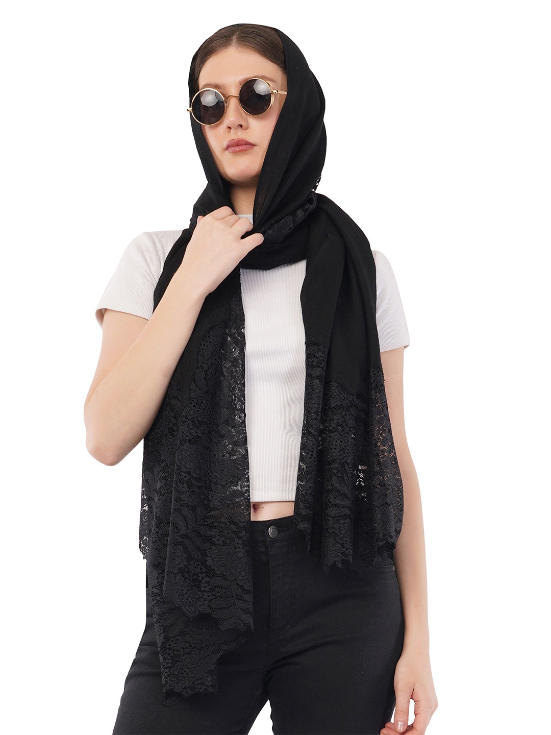 

Rhe-Ana Women Woollen Floral Lace Work Stole, Black